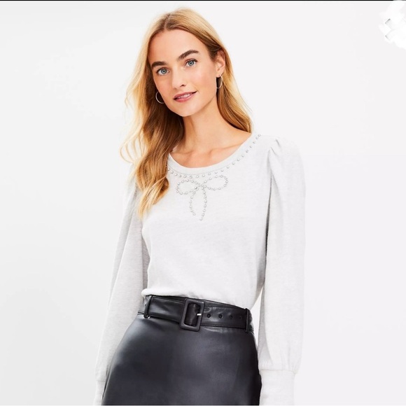 LOFT Sparkle Bow Cozy Puff Sleeve Sweatshirt - Picture 1 of 11